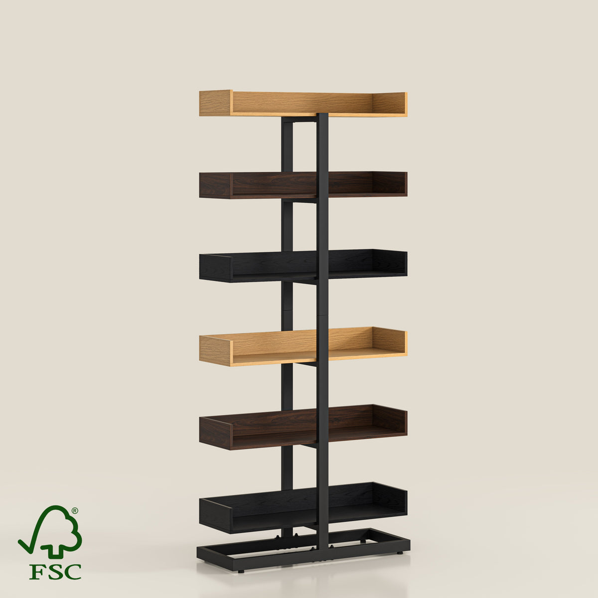 Kệ Sách Đứng 6 Tầng Khung Thép Carbon Khay Gỗ Phối Màu Hiện Đại